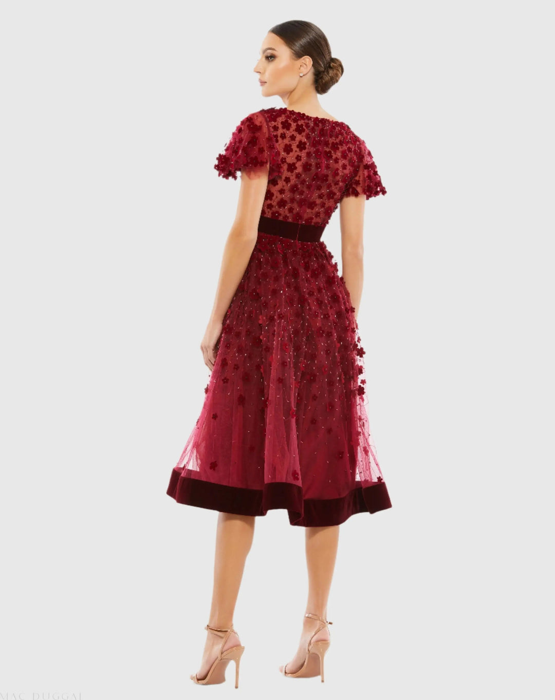 Mac Duggal 67854 Embellished Butterfly Sleeve Velvet Hem Midi Dress
