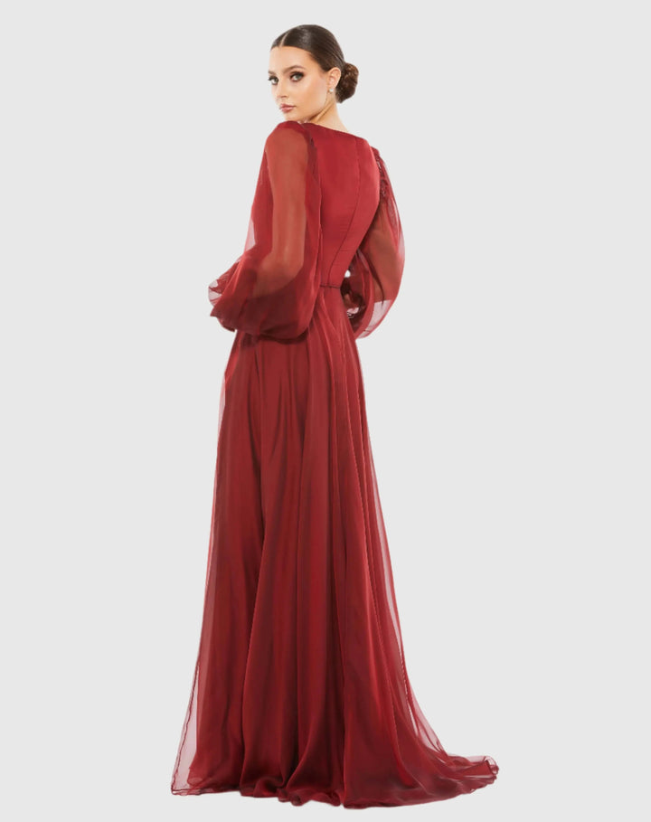 Mac Duggal 67873 Sheer Blouson Sleeve Surplice Gown