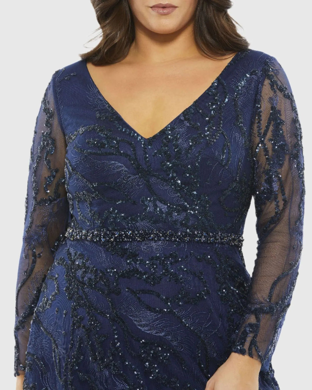Mac Duggal 67922 Embellished Illusion Long Sleeve V-Neck A-Line Gown (Plus)