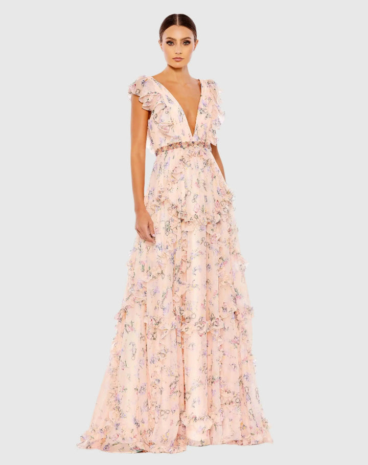 Mac Duggal 68090 Ruffled Floral Print Cap Sleeve Gown