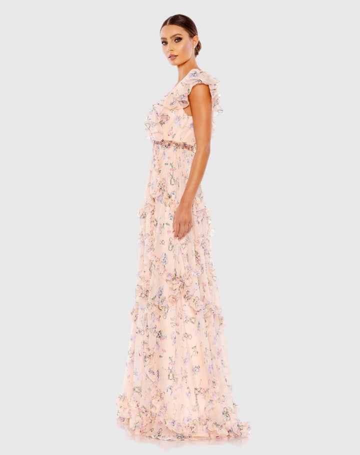Mac Duggal 68090 Ruffled Floral Print Cap Sleeve Gown