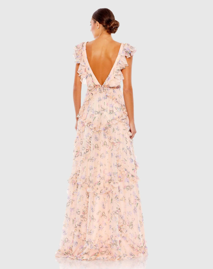 Mac Duggal 68090 Ruffled Floral Print Cap Sleeve Gown