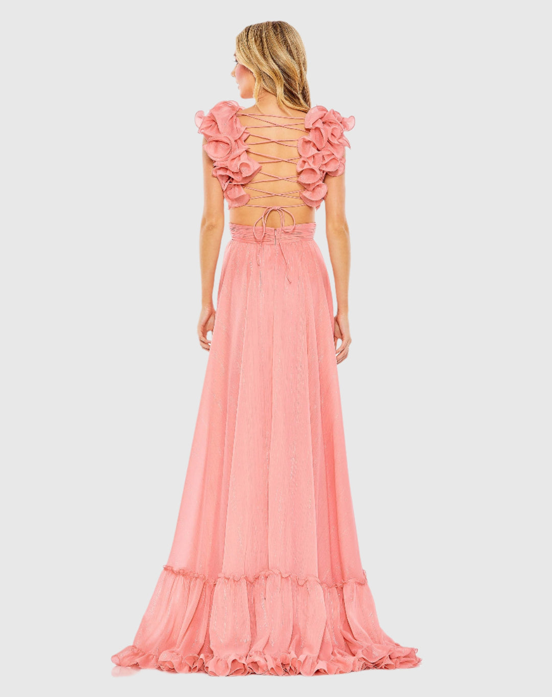 Mac Duggal 68094 Pink Ruffle Sleeve V Neck A Line Gown