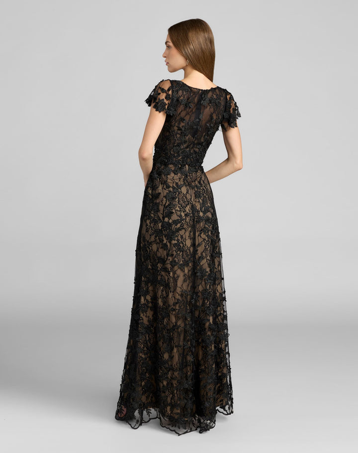 Mac Duggal 68192 Embroidered Applique Wrap Over Flutter Sleeve Gown