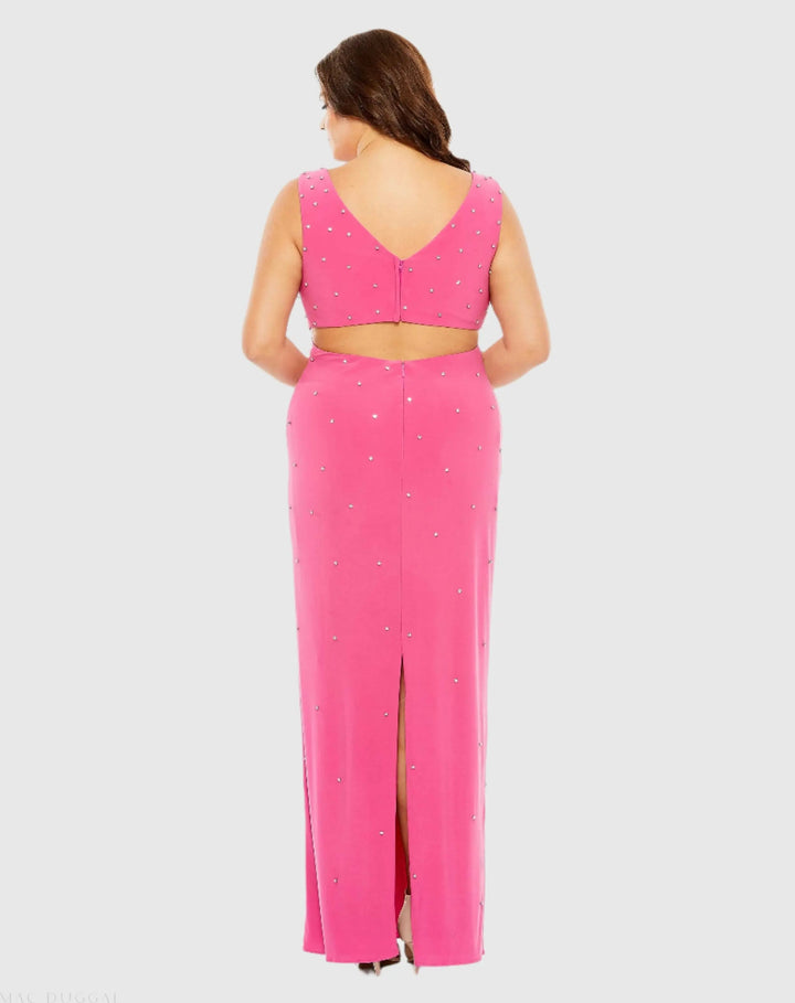 Mac Duggal 68353 Pink Rhinestone Embellished Open Back Jersey Gown (Plus) - FINAL SALE