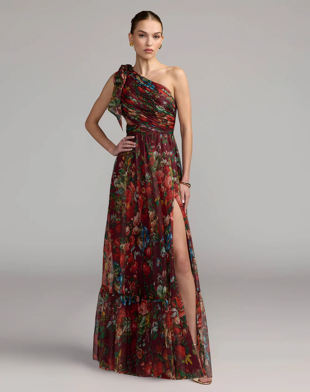Mac Duggal 68553 One Shoulder Floral Printed Chiffon Side Cut Out Gown Dress