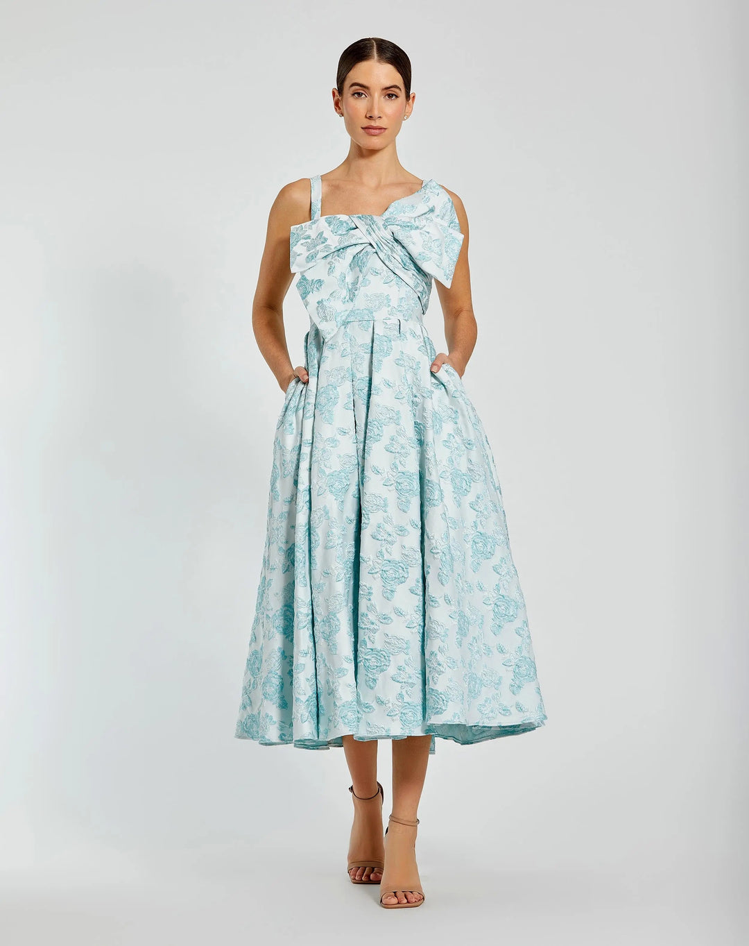 Mac Duggal 68616 Blue Sleeveless Large Bow Detail Floral Brocade Dress