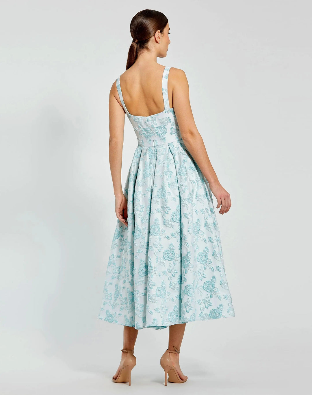 Mac Duggal 68616 Blue Sleeveless Large Bow Detail Floral Brocade Dress