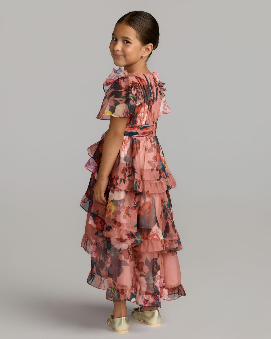 Mac Duggal 68664 Girls Floral Chiffon Tiered Ruffle Dress