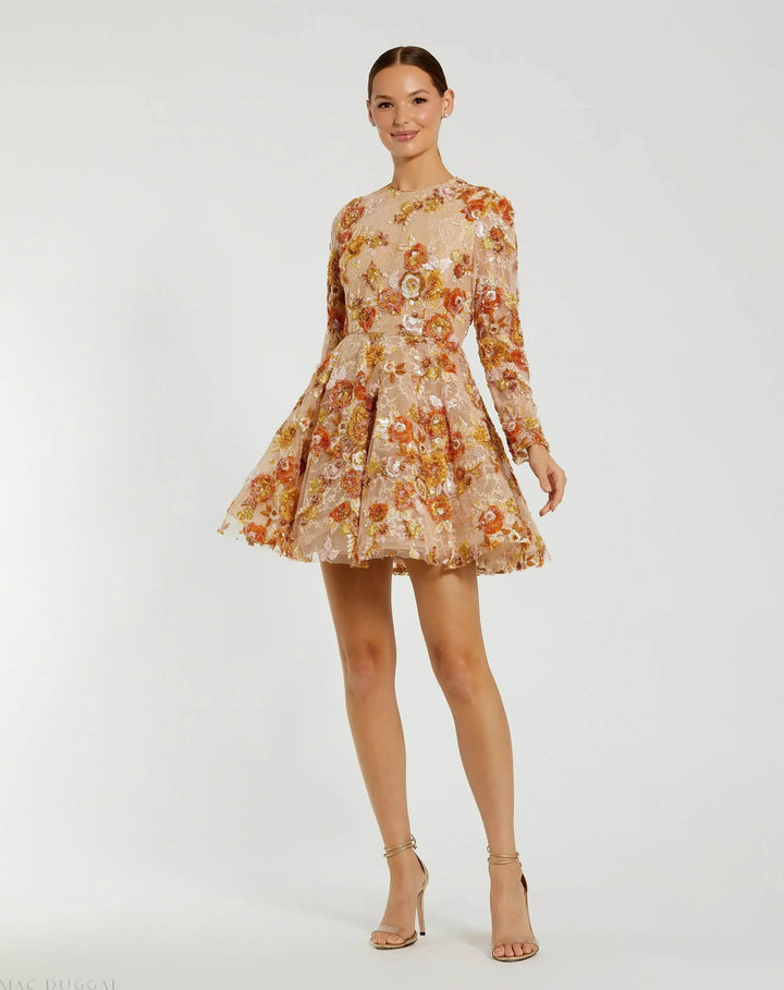 Mac Duggal 68783 High Neck Long Sleeve Sequin A Line Mini Dress