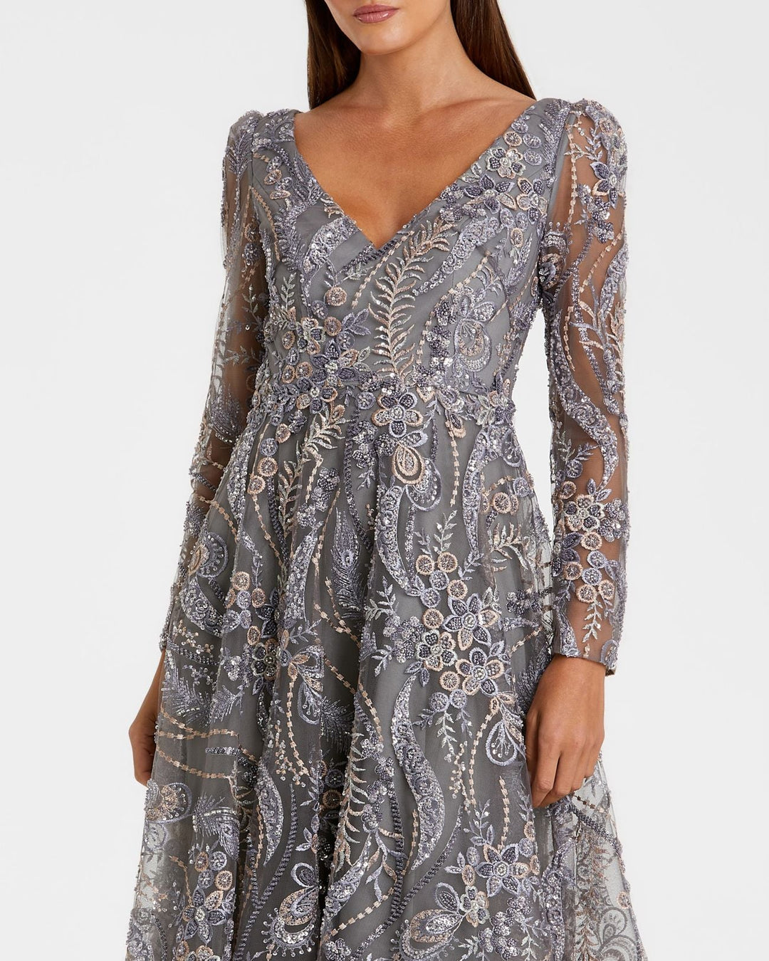 Mac Duggal 68913 Gray Embroidered Long Sleeve Midi Dress