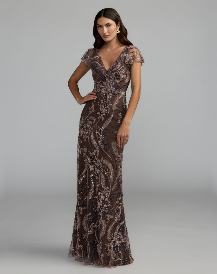 Mac Duggal 68914 V Neck Flutter Sleeve Embroidered Lace Gown Dress