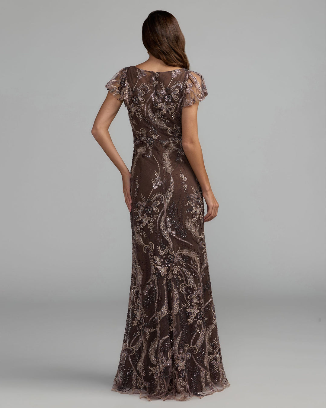 Mac Duggal 68914 V Neck Flutter Sleeve Embroidered Lace Gown Dress
