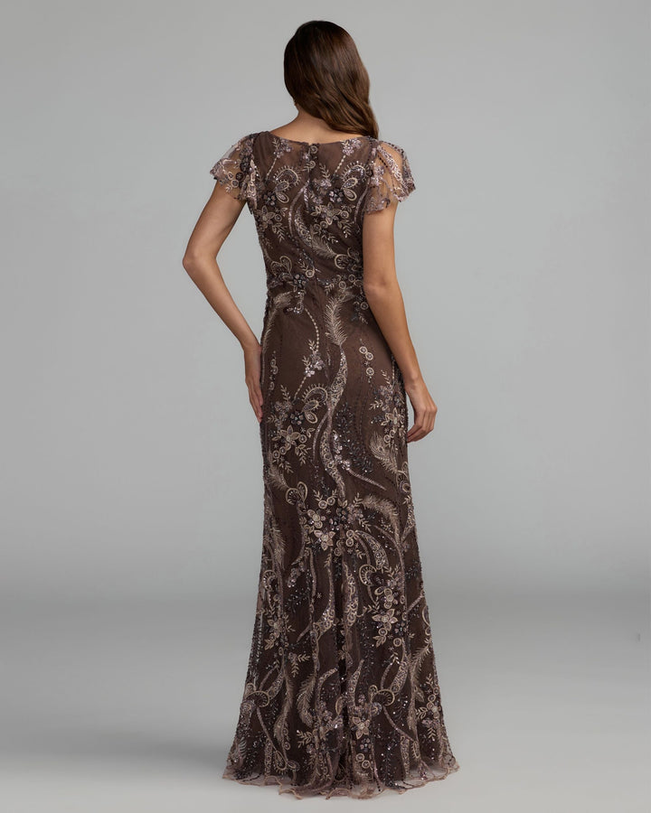 Mac Duggal 68914 V Neck Flutter Sleeve Embroidered Lace Gown Dress