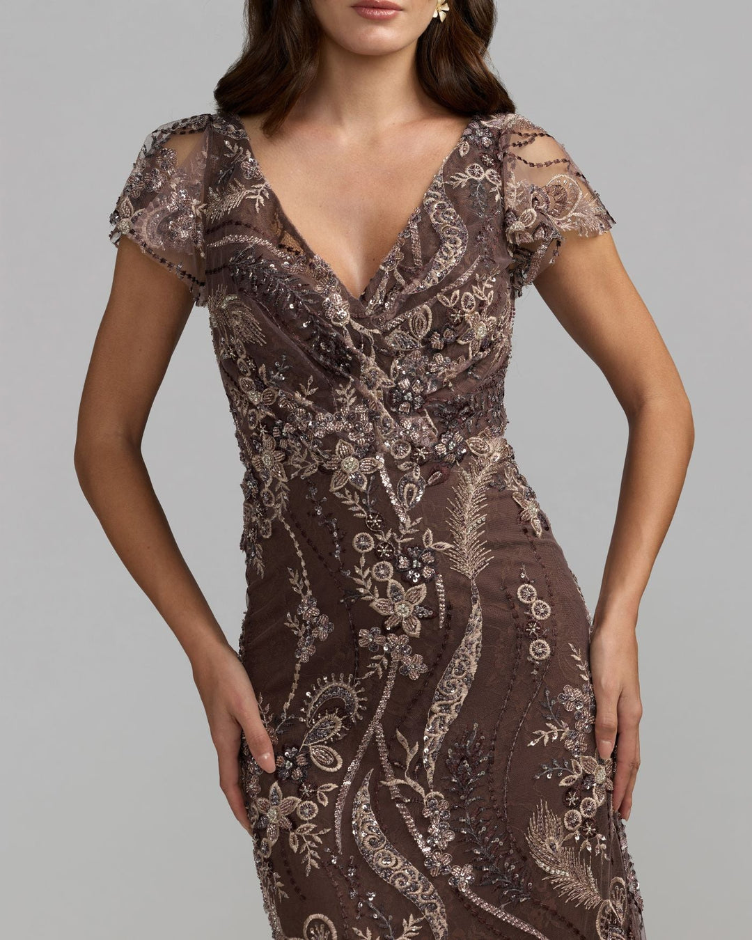 Mac Duggal 68914 V Neck Flutter Sleeve Embroidered Lace Gown Dress