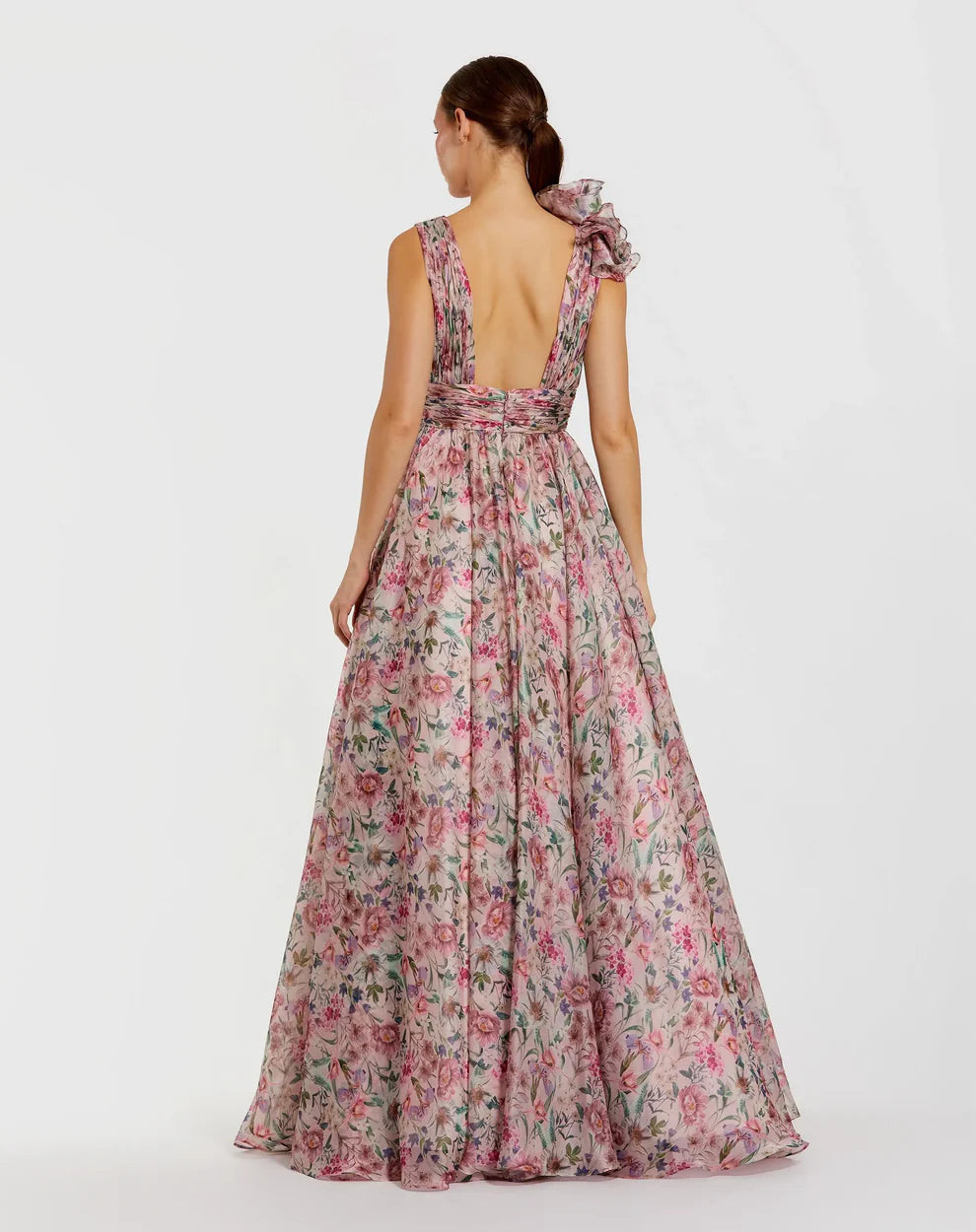 Mac Duggal 9948856P Petite Pink Ruffle Shoulder V-Neck Chiffon Gown