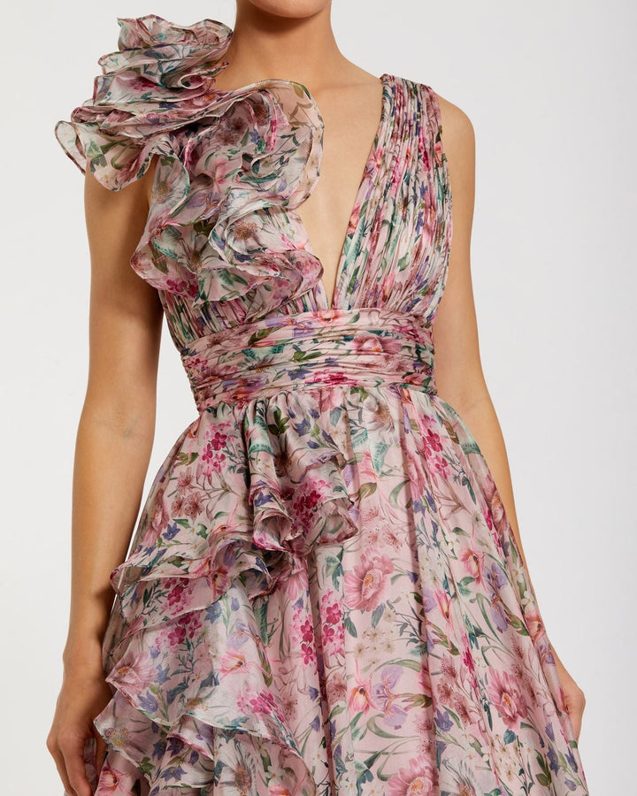 Mac Duggal 9948856P Petite Ruffle Shoulder V-Neck Chiffon Gown