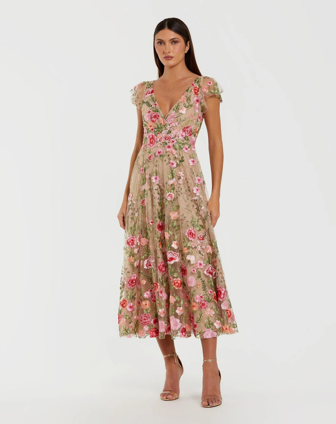 Beige Floral Embroidered Flutter Sleeve Midi Dress - FOSTANI.com