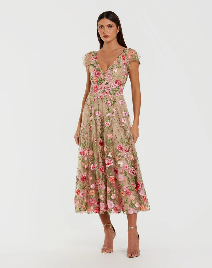 Beige Floral Embroidered Flutter Sleeve Midi Dress - FOSTANI.com