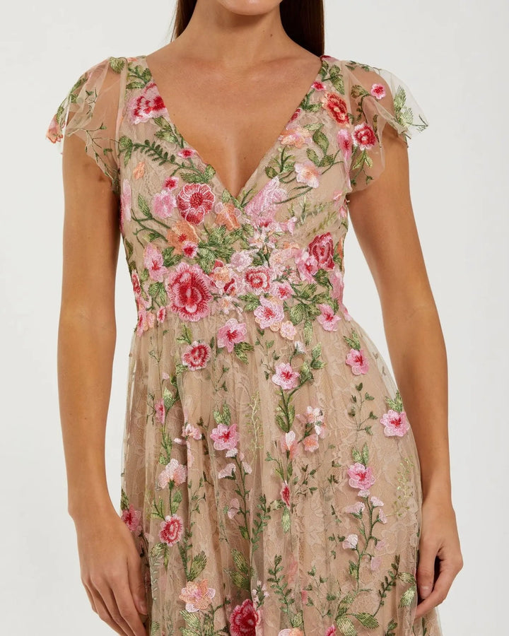Beige Floral Embroidered Flutter Sleeve Midi Dress - FOSTANI.com