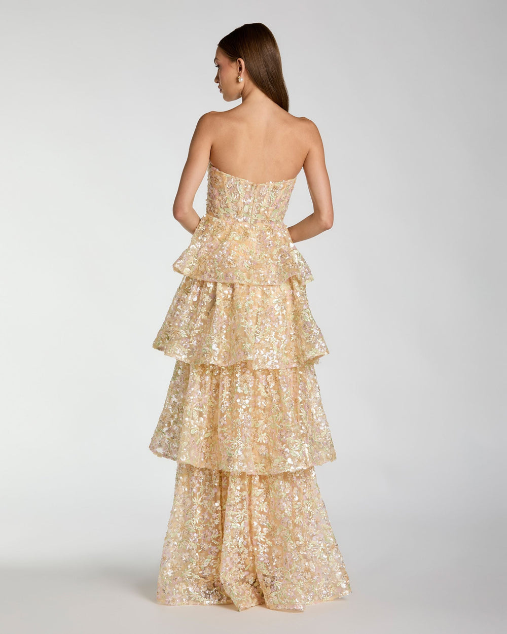 Gold Embellished Strapless Sweetheart Ruffle Gown - FOSTANI.com