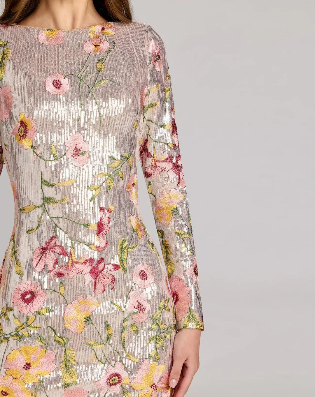 Silver Long Sleeve Floral Embroidered Sequin Mini Dress - FOSTANI.com