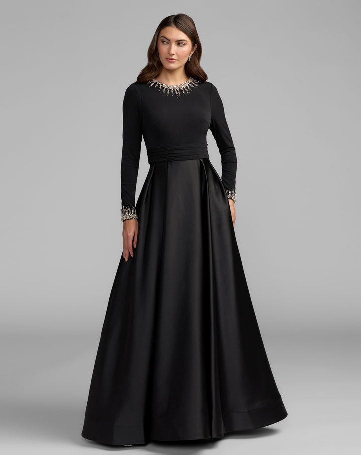 Mac Duggal 69083 Jersey and Satin Long Sleeve A-Line Gown