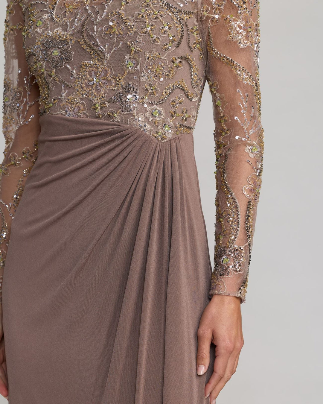 Mac Duggal 69121 Brown Embroidered Illusion Long Sleeve Draped Gown