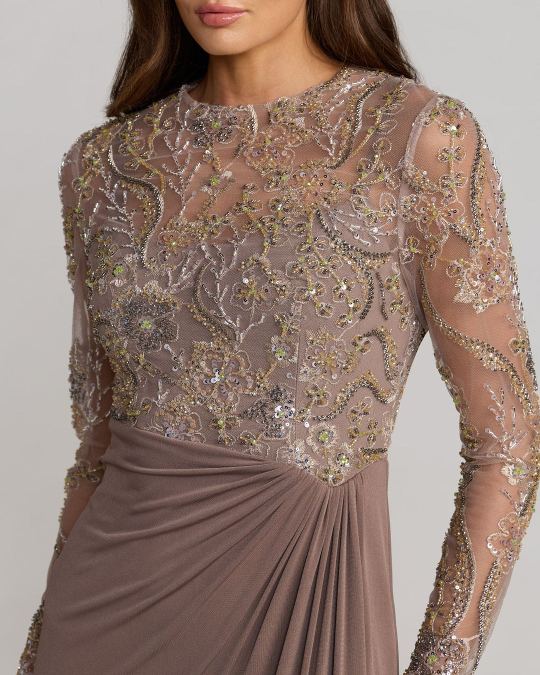 Mac Duggal 69121 Brown Embroidered Illusion Long Sleeve Draped Gown