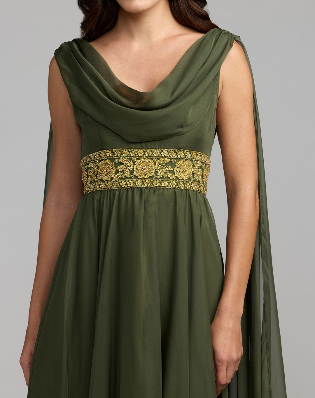 Mac Duggal 69218 Cowl Chiffon Gown With Embellished Waist