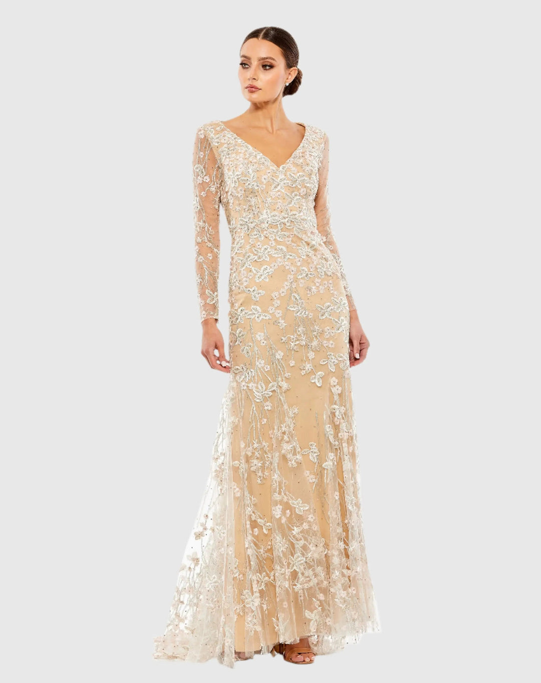 Mac Duggal 70239 Embroidered V Neck Long Sleeve Trumpet Gown