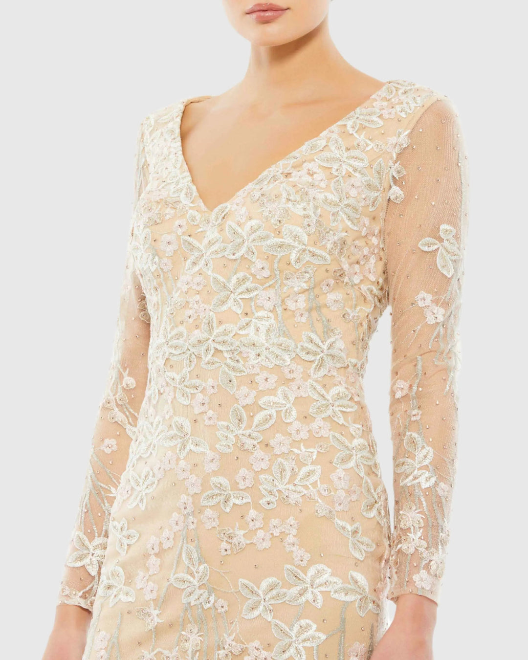 Mac Duggal 70239 Embroidered V Neck Long Sleeve Trumpet Gown