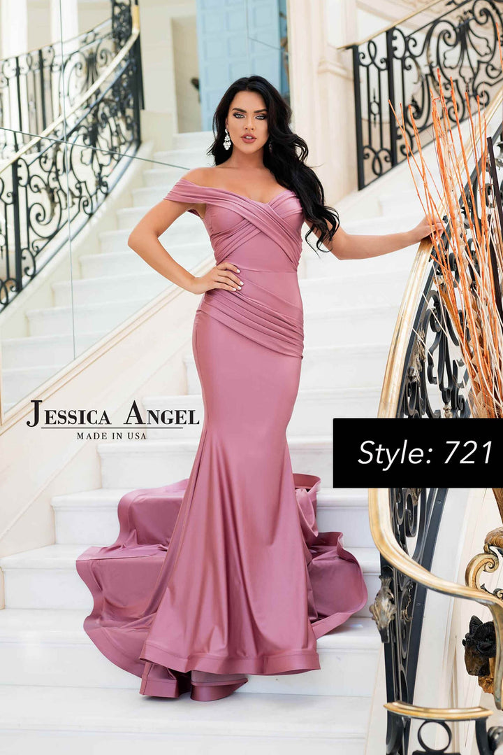 Jessica Angel 721 off shoulder pleated mermaid gown front view