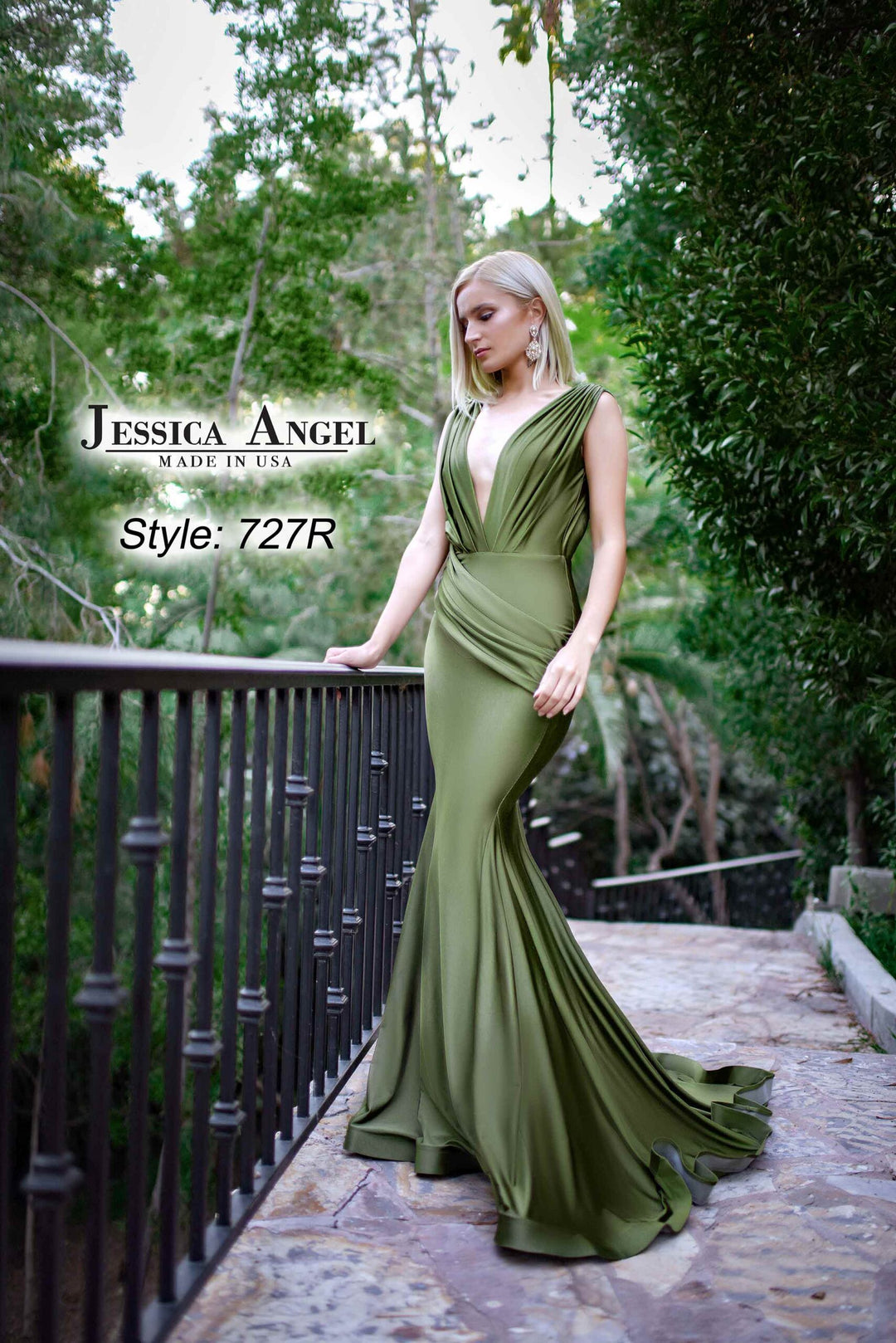 Jessica Angel 727R plunging V-neck ruched mermaid gown front view