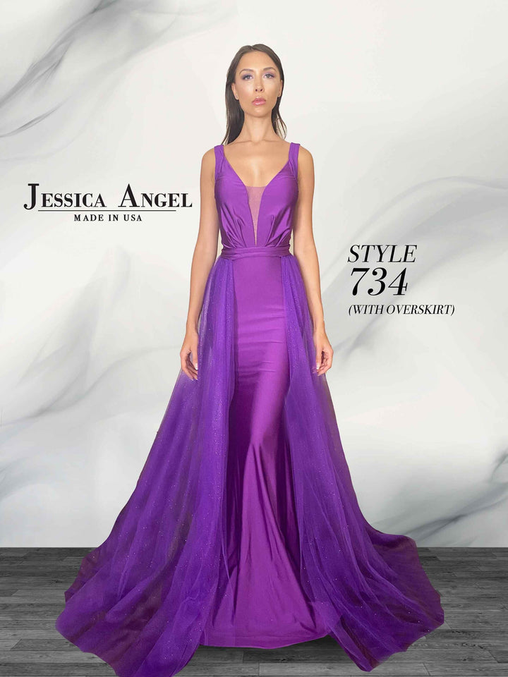 Jessica Angel 734B V-neck gown with sheer overskirt front view