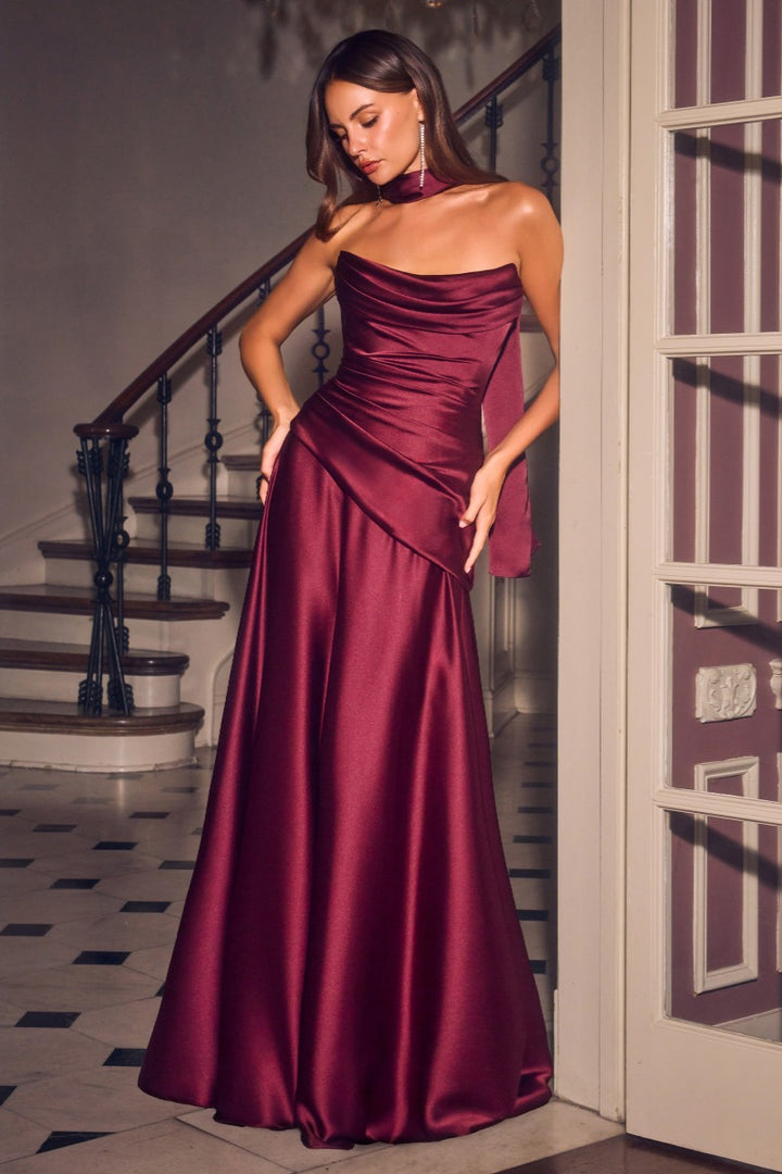 Ladivine 7432 draped strapless satin A-line dress in burgundy, front view