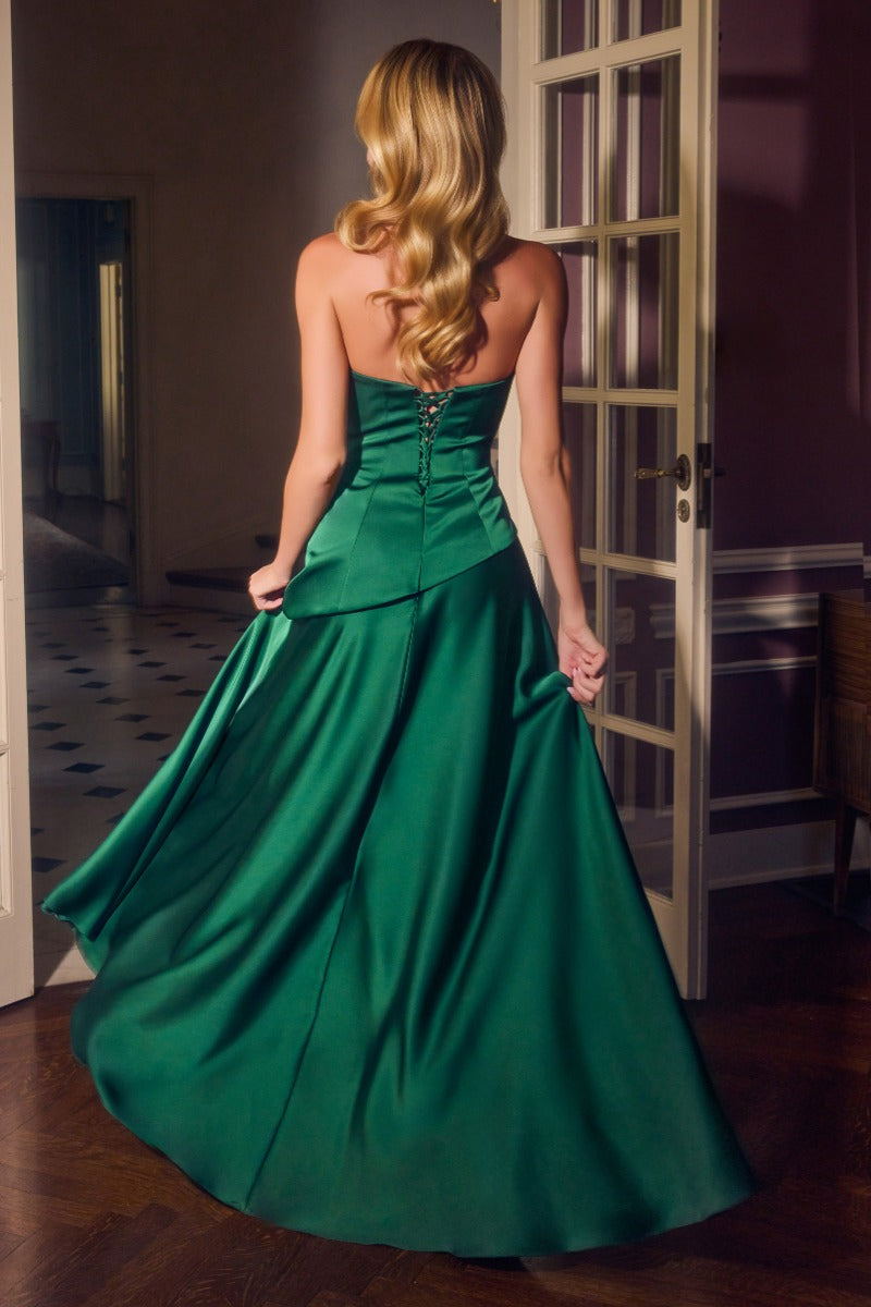 Ladivine 7432 satin A-line dress in emerald with lace-up corset back, back view