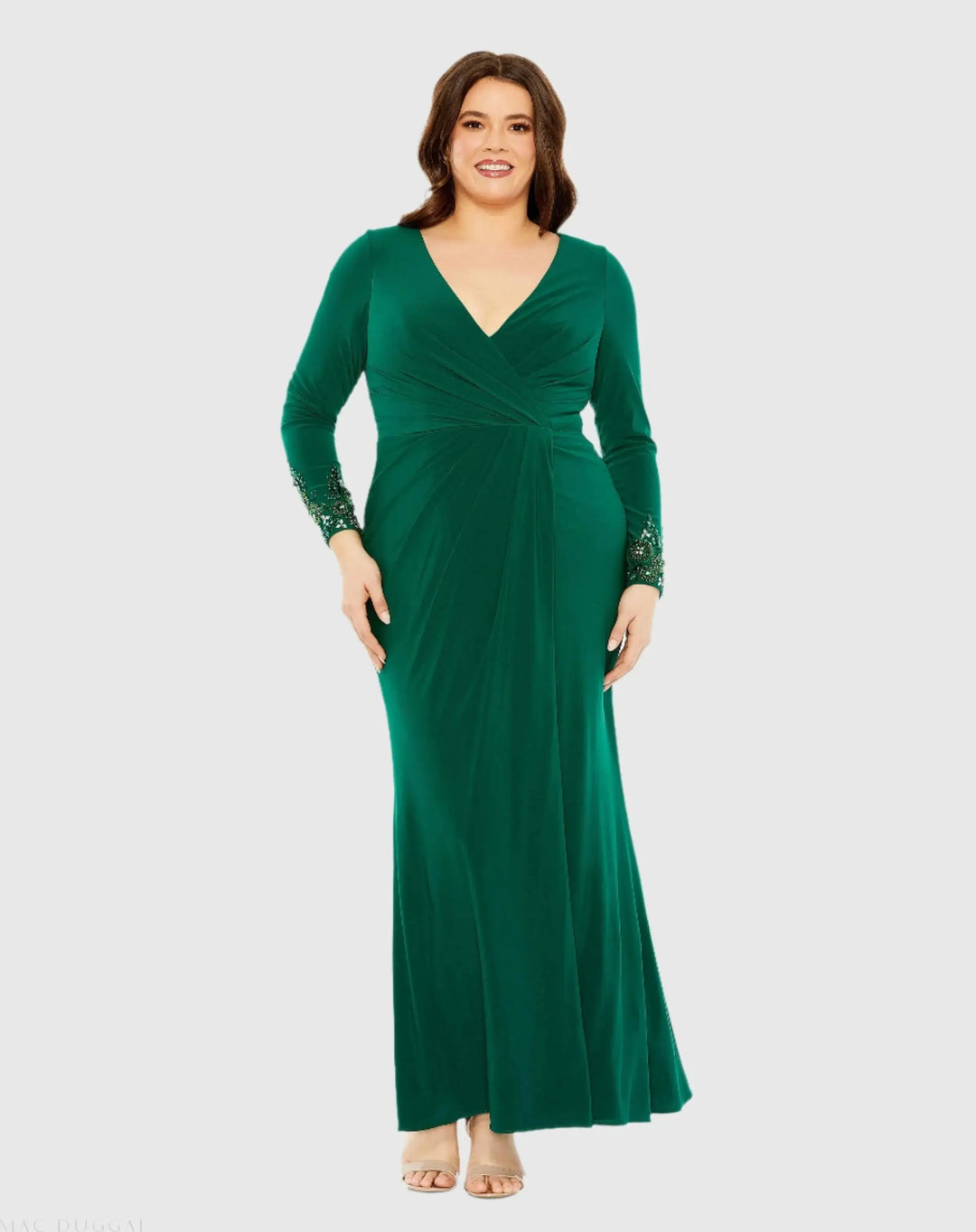 Mac Duggal 77024 Green Long Crystal Detail Sleeve V Neck Gown - FINAL SALE