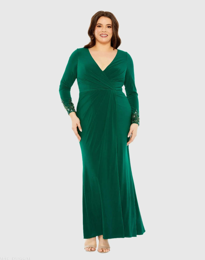 Mac Duggal 77024 Green Long Crystal Detail Sleeve V Neck Gown - FINAL SALE