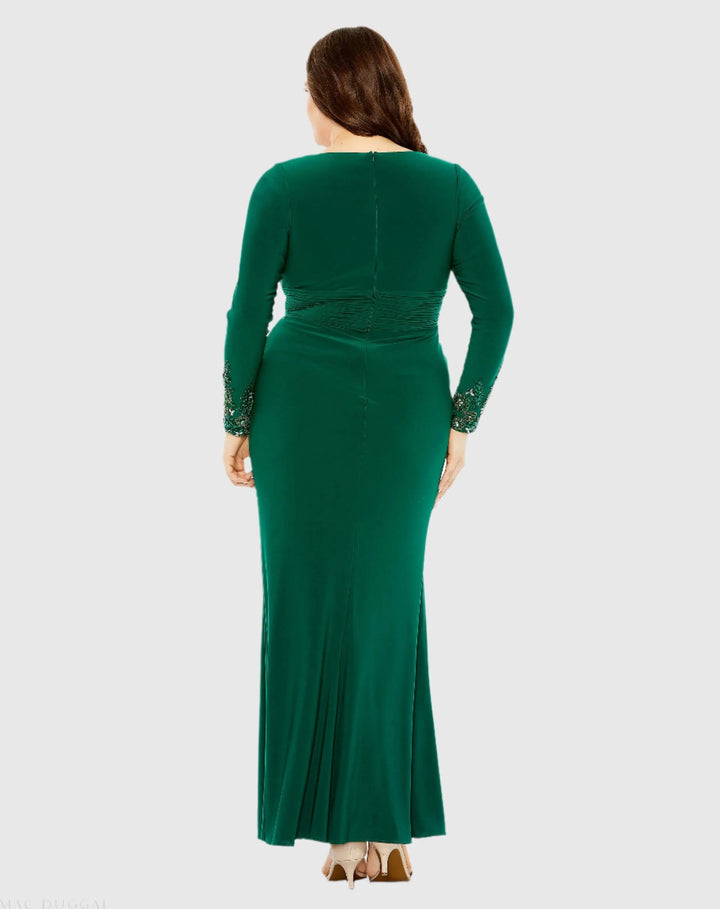 Mac Duggal 77024 Green Long Crystal Detail Sleeve V Neck Gown - FINAL SALE