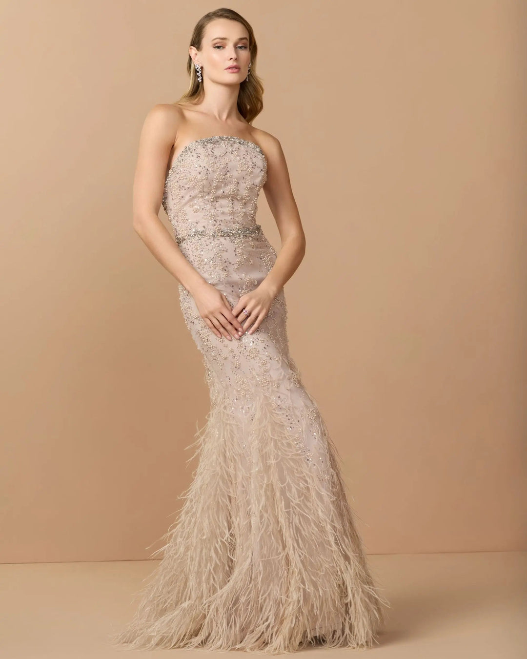 Beige Strapless Embellished Mermaid Gown With Feather Hem - FOSTANI.com