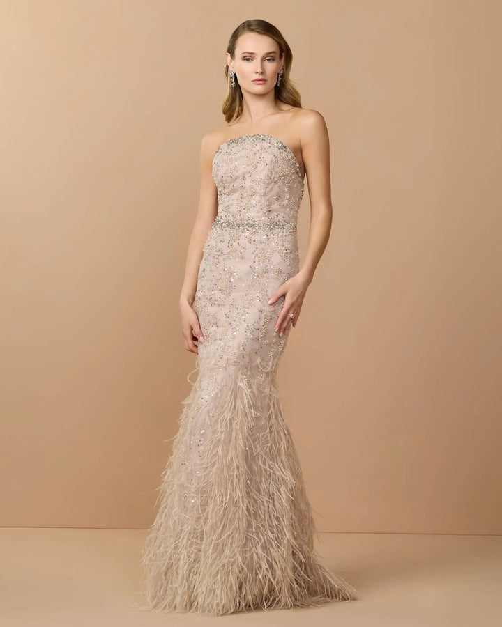 Beige Strapless Embellished Mermaid Gown With Feather Hem - FOSTANI.com