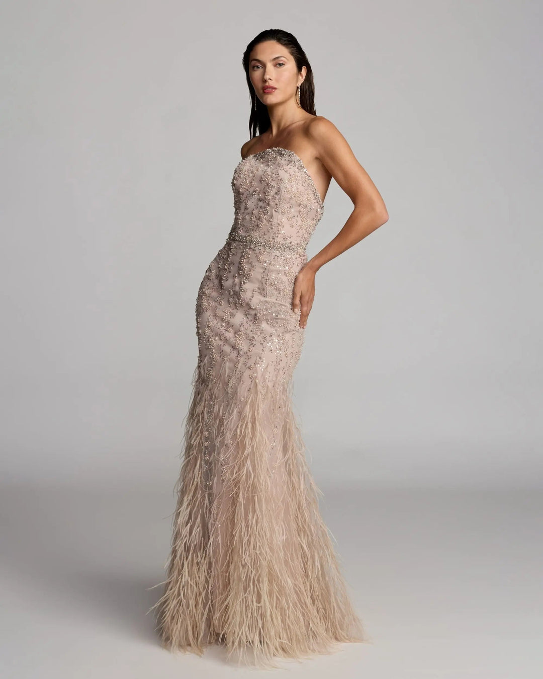 Beige Strapless Embellished Mermaid Gown With Feather Hem - FOSTANI.com