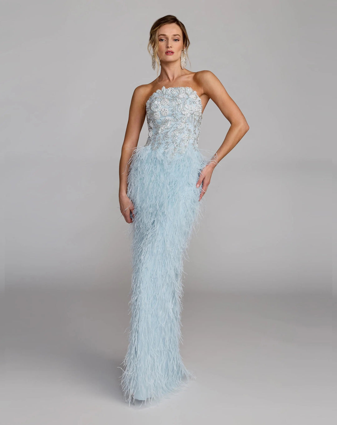 Blue Embellished Strapless Feather Gown - FOSTANI.com