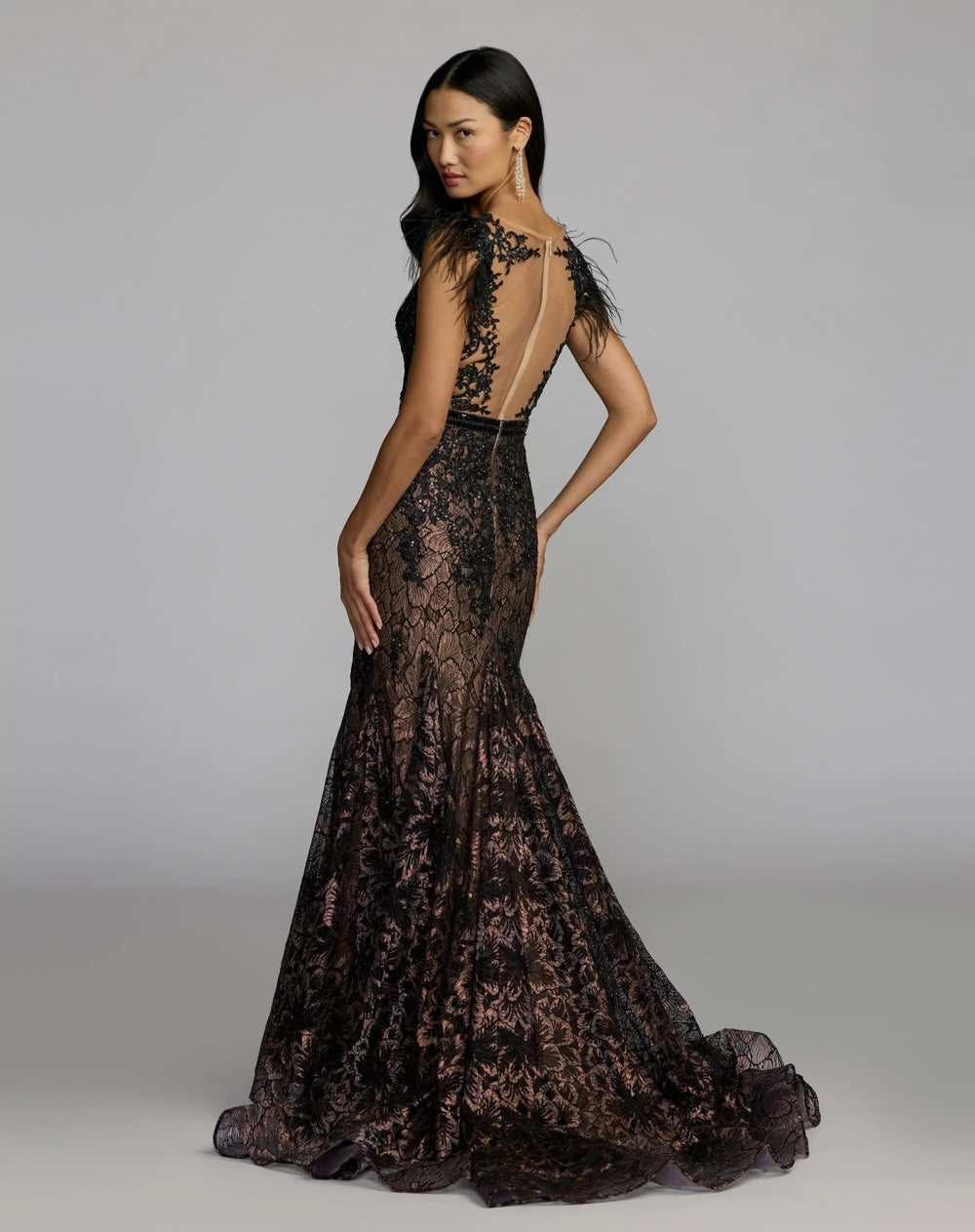 Mac Duggal 79230 Embellished Lace High Neck Gown With Feather Sleeves