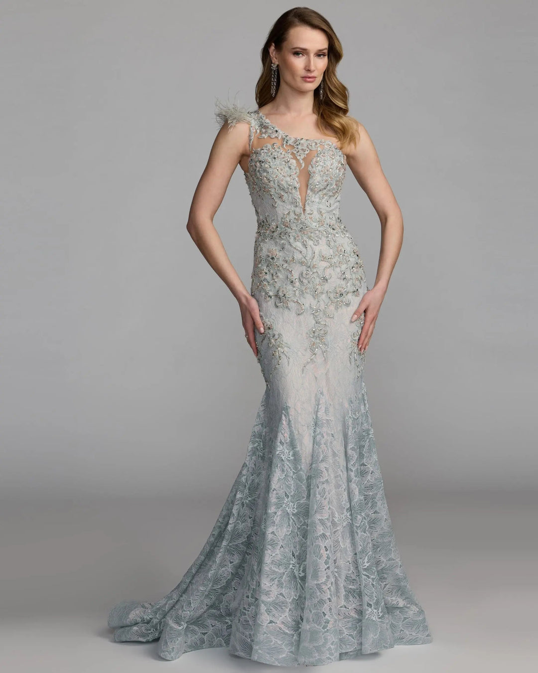 Mac Duggal 79264 Embellished Lace One Shoulder Gown With Feather Detail