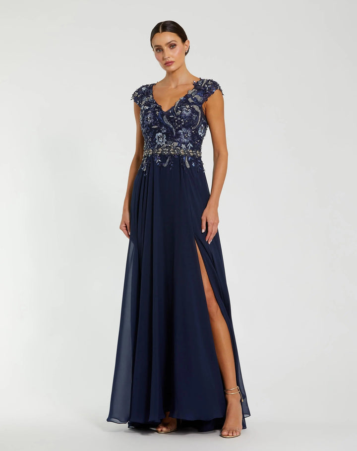 Mac Duggal 79365 Navy Embellished Chiffon Cap Sleeve A-Line Gown