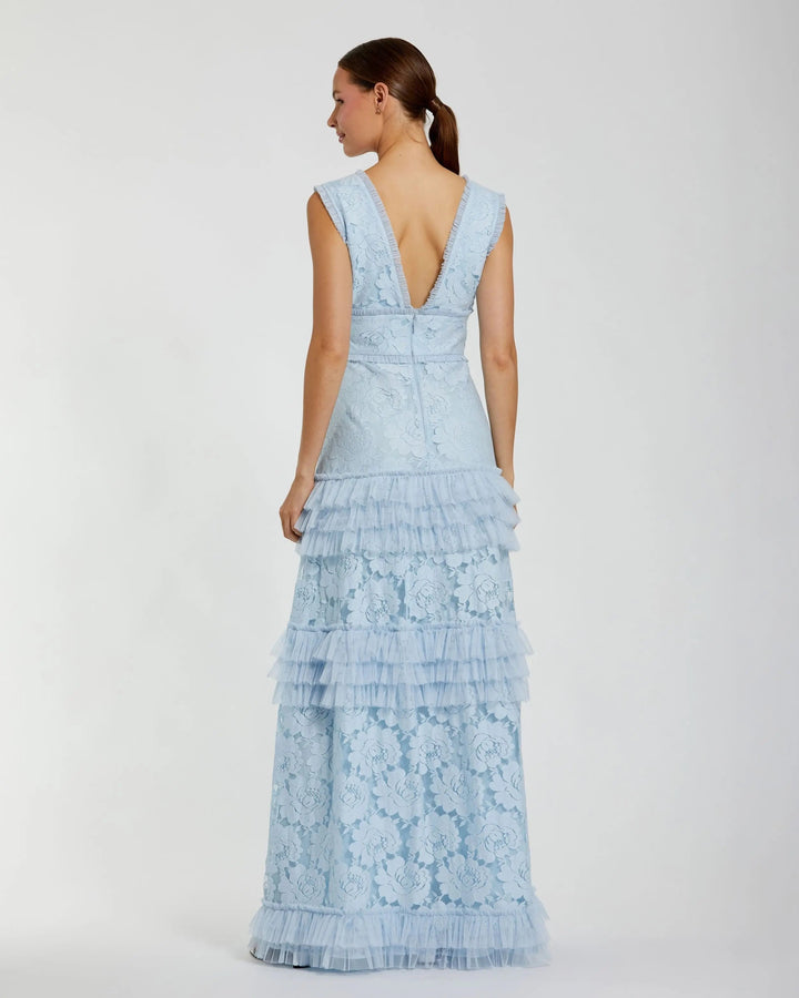 Blue V Neck Lace Tiered Ruffle Gown - FOSTANI.com