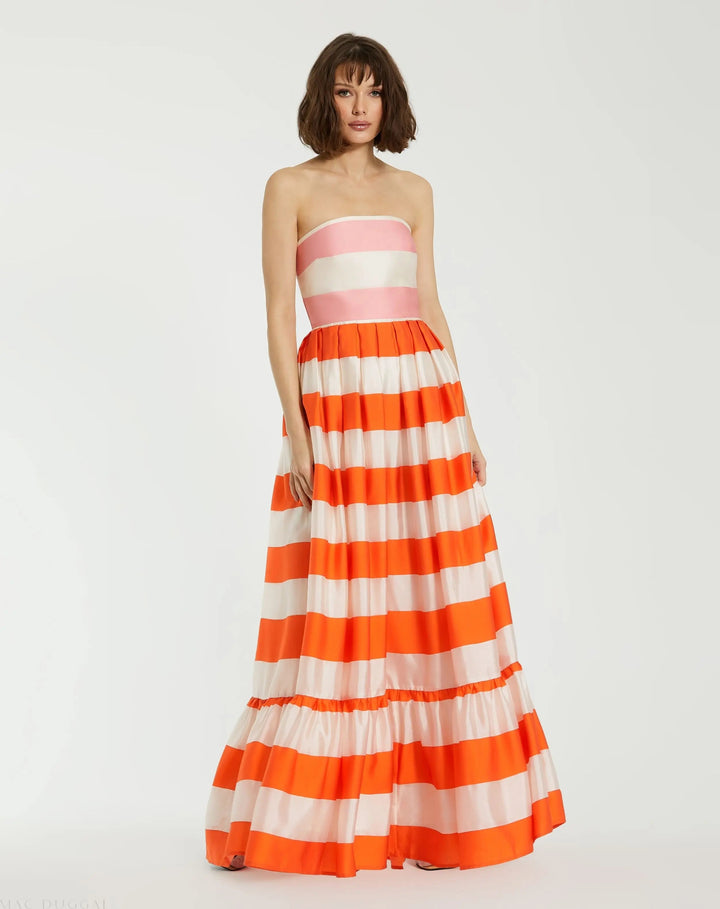 Mac Duggal 81053 Striped Organza Strapless Ruffle Maxi Dress
