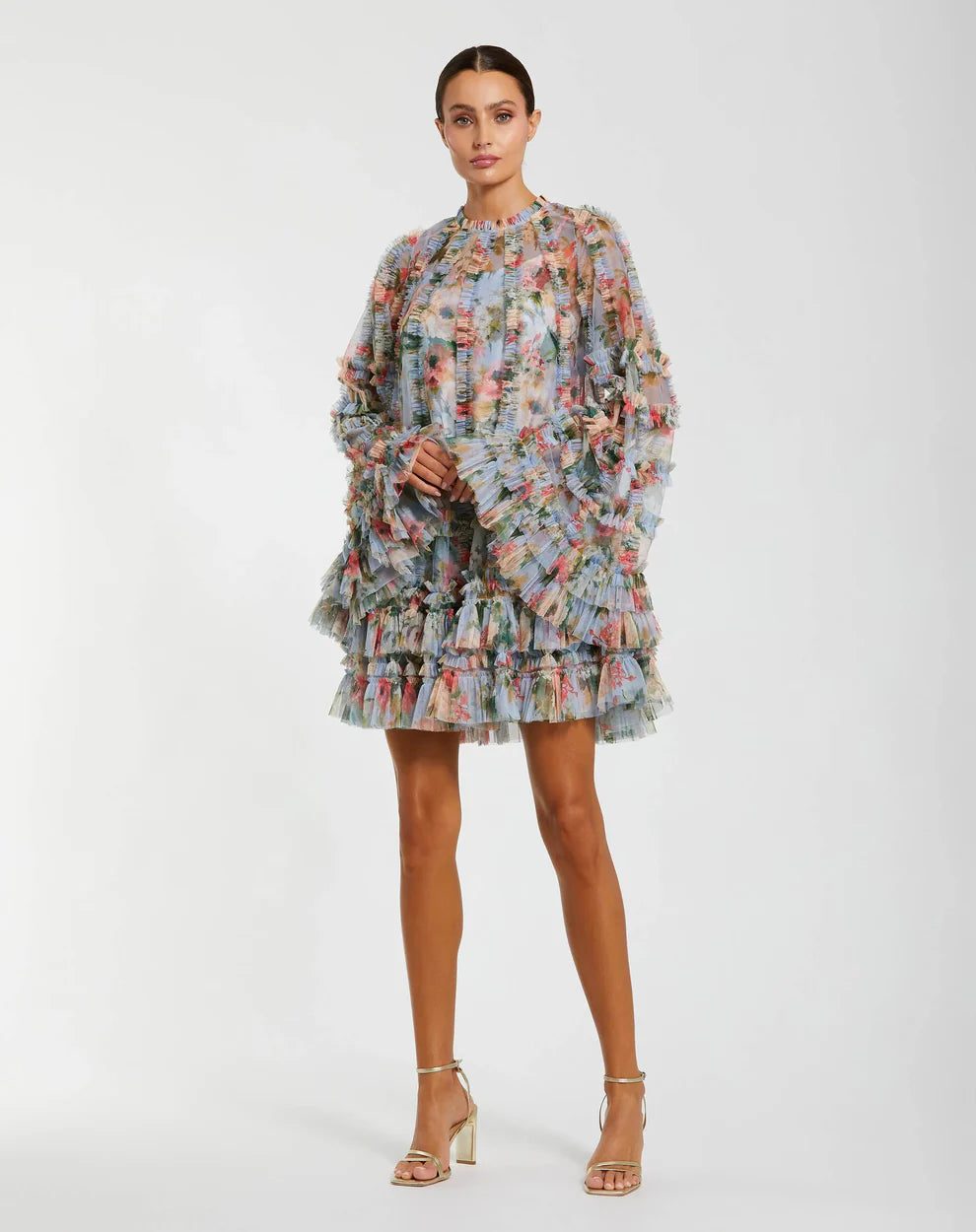 Mac Duggal 8300 Printed Mesh Ruffle High Neck Mini Dress